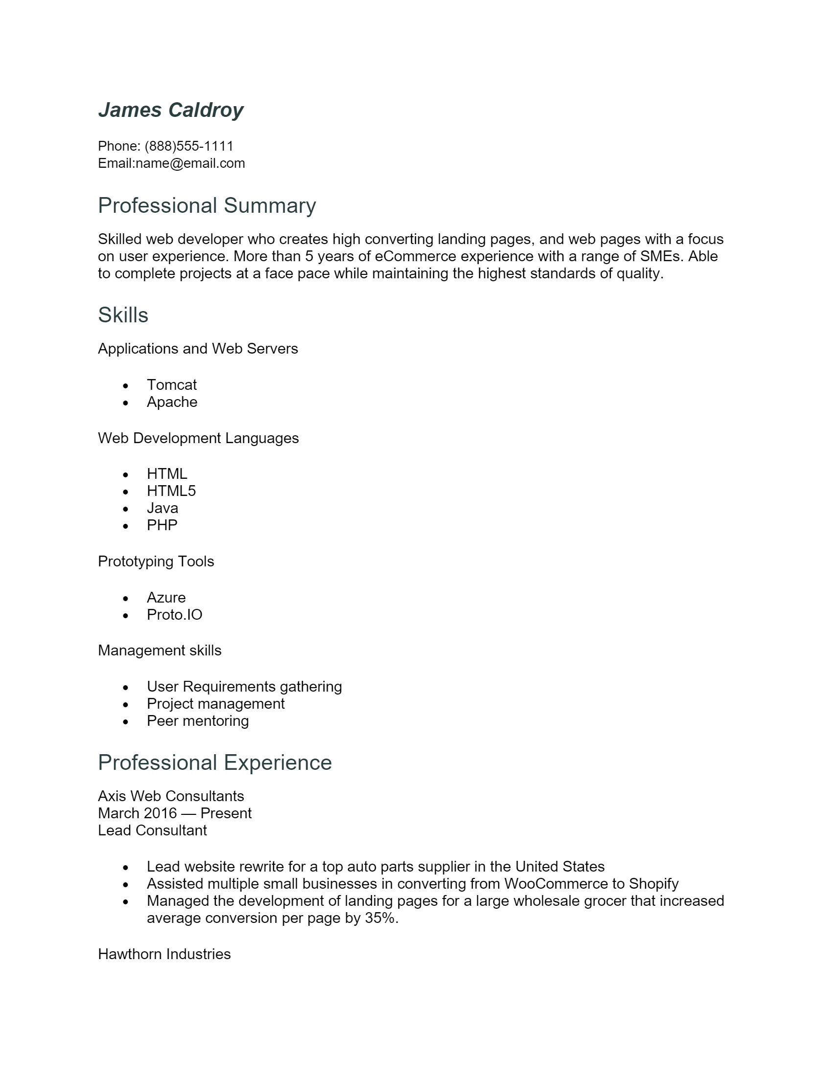 Web Developer Resume .Docx (Word)