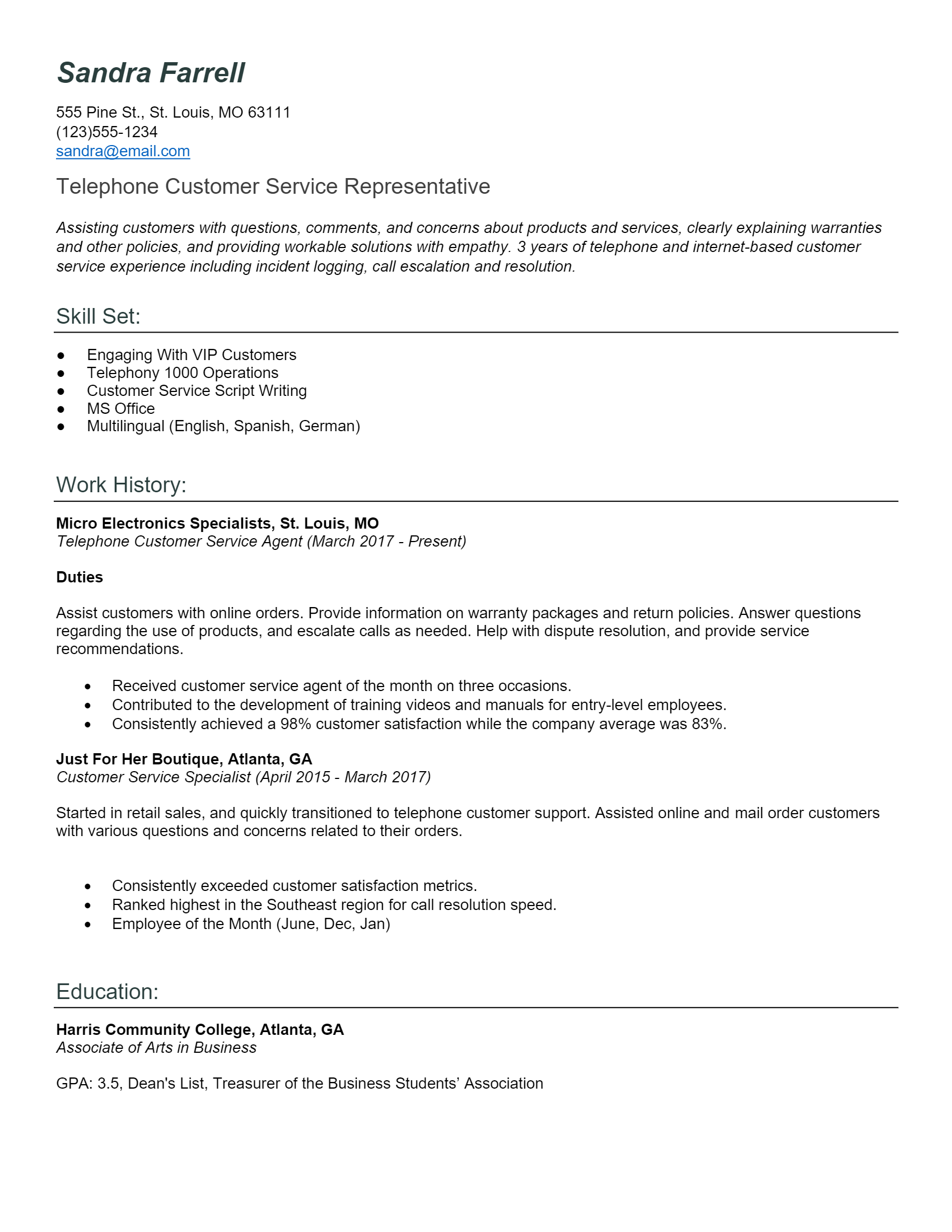 Customer Service Representative Resume .Docx (Word)