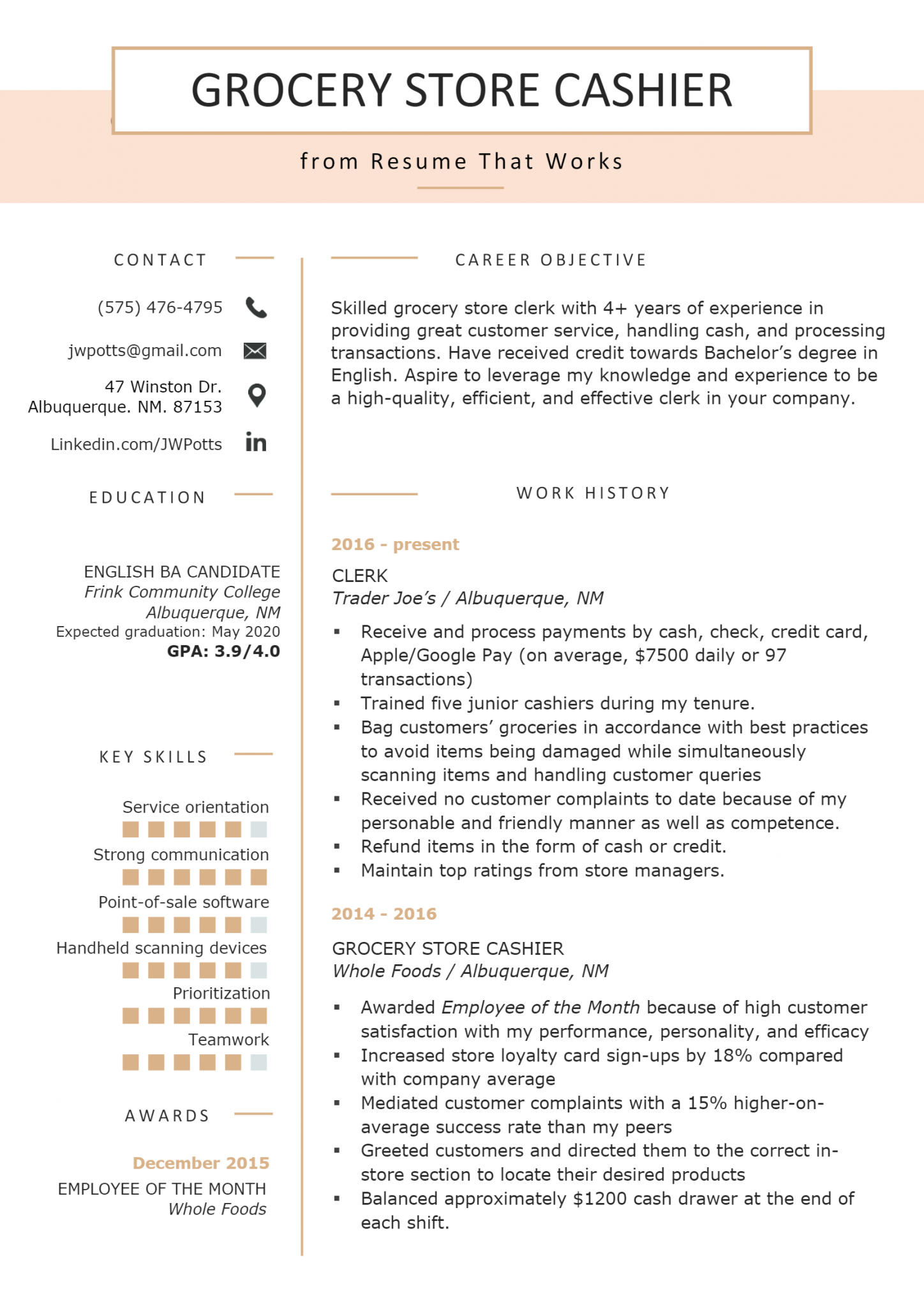 sample resume for a cashier at grocery store