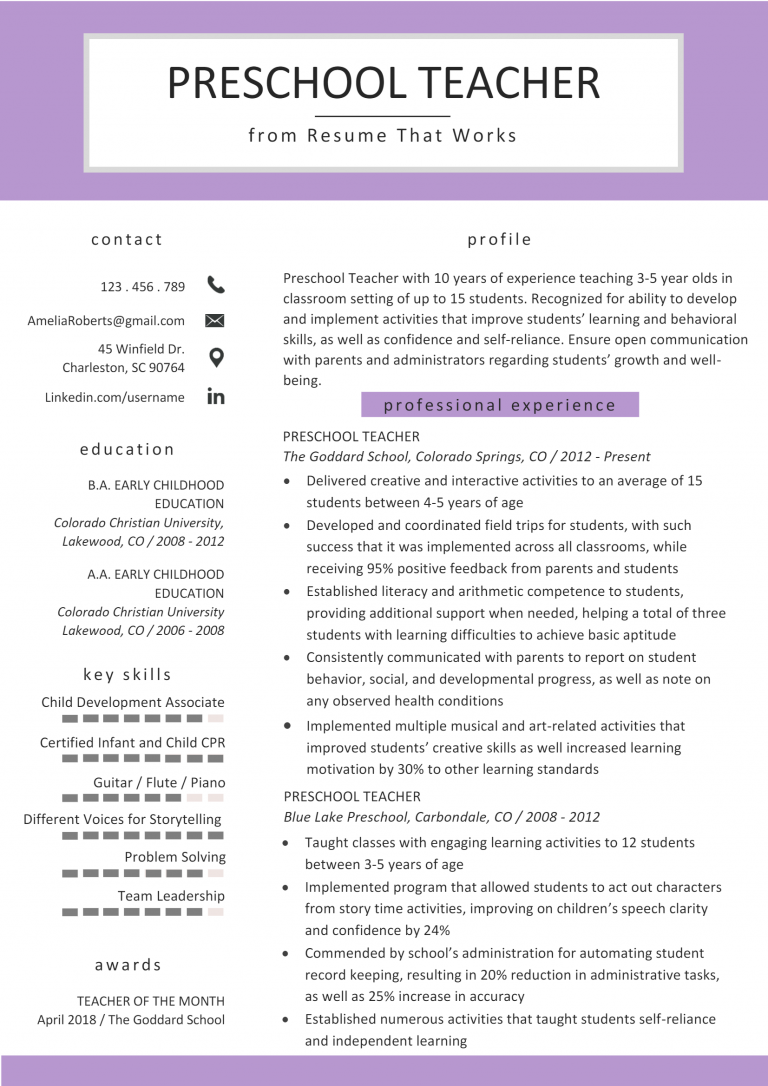 Download Free Preschool Teacher Resume .Docx (Word) Template on ...