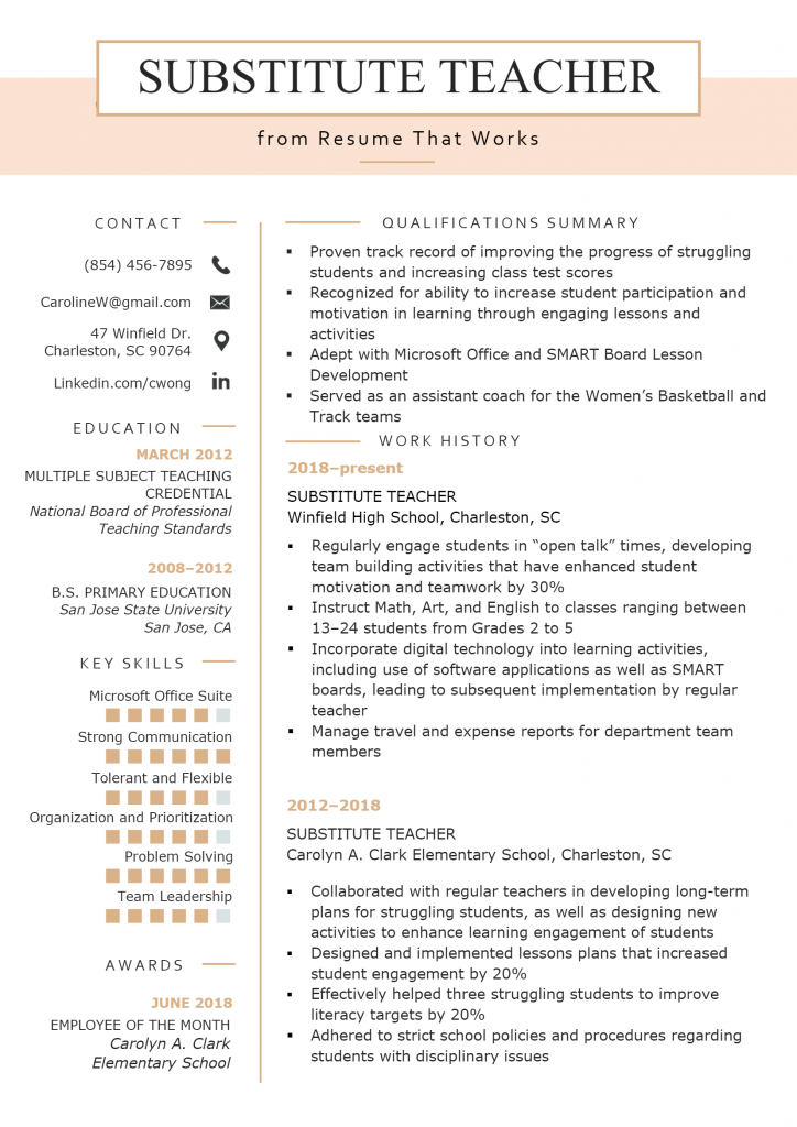 Substitute School Teacher Resume .Docx (Word)