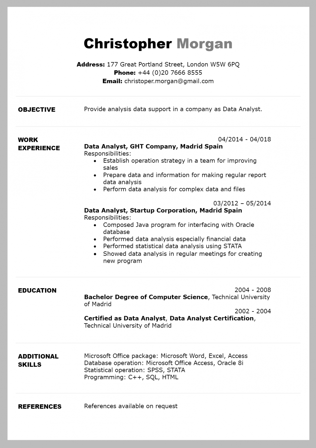 Download Free Data Analyst Resume Docx Word Template On 