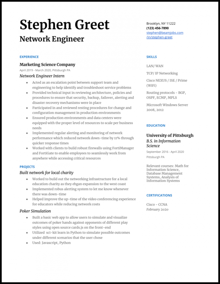 network engineer resume examples entry level