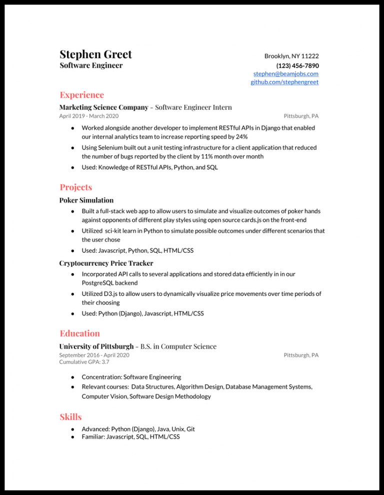 entry level software developer resume template