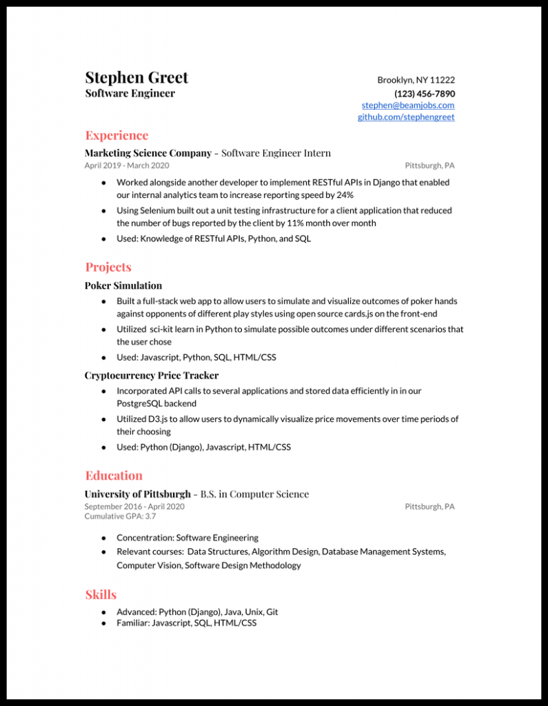 entry level software engineer resume template download