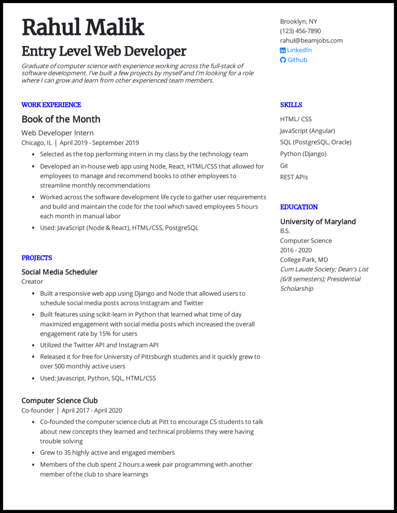 sample resume for entry level web developer