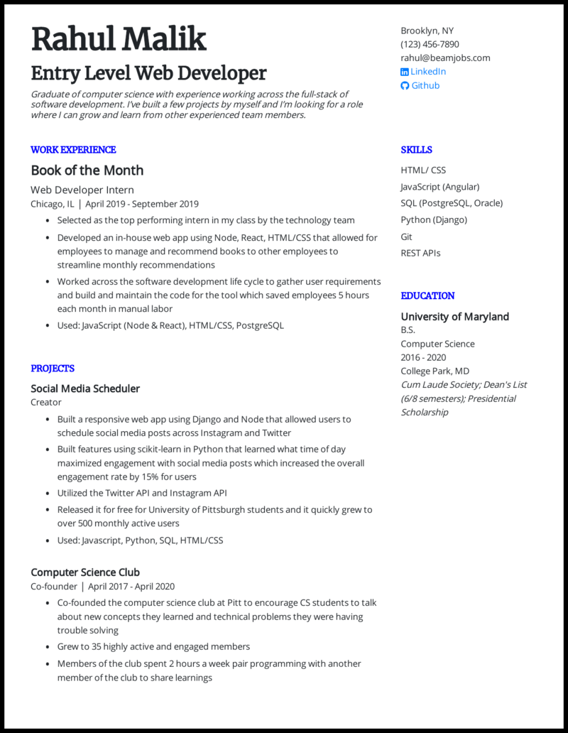 examples of web resume