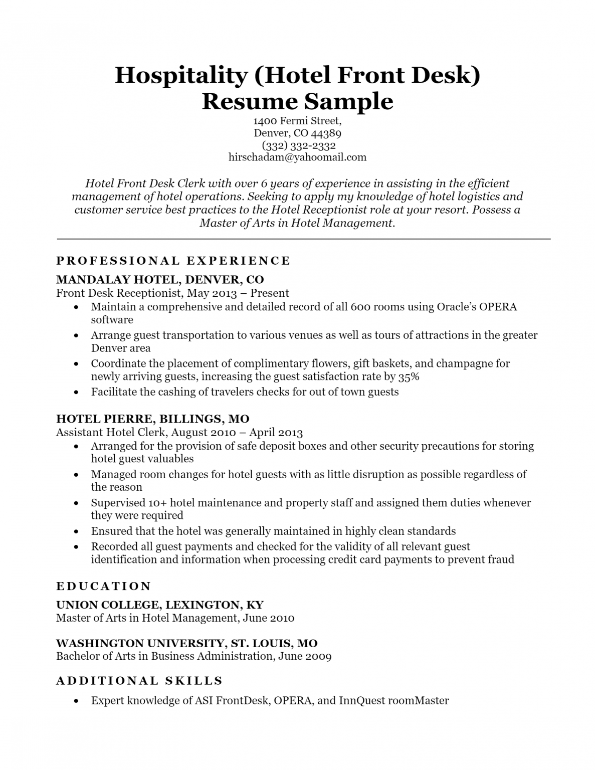 Download Free Hotel Front Desk Resume .Docx (Word) Template on