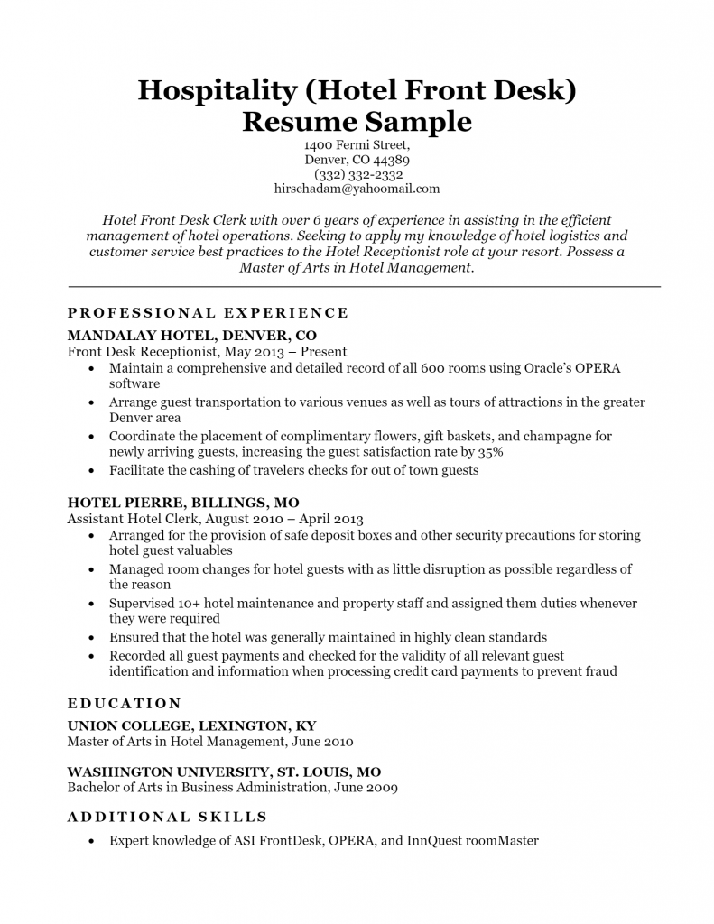 Hotel Front Desk Resume .Docx (Word)