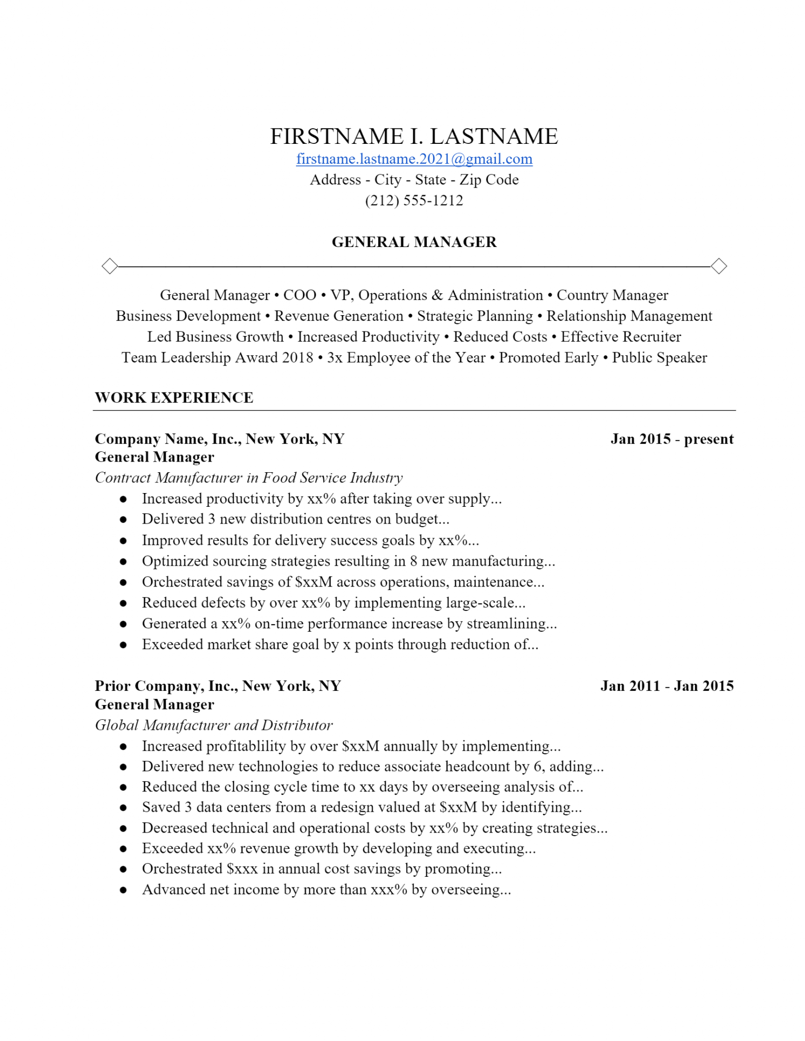 resume template for general manager