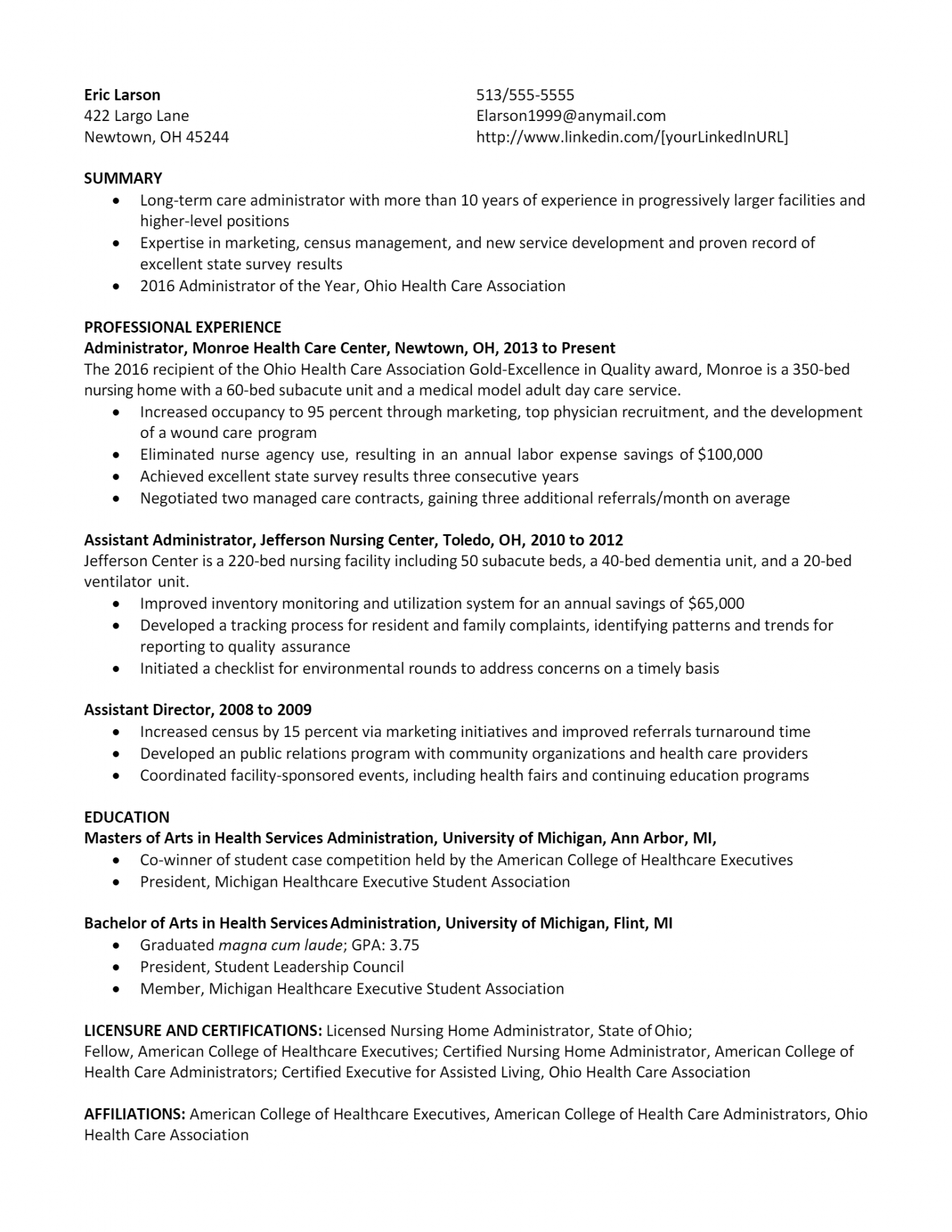Download Free Healthcare Administrator Resume .Docx (Word) Template on
