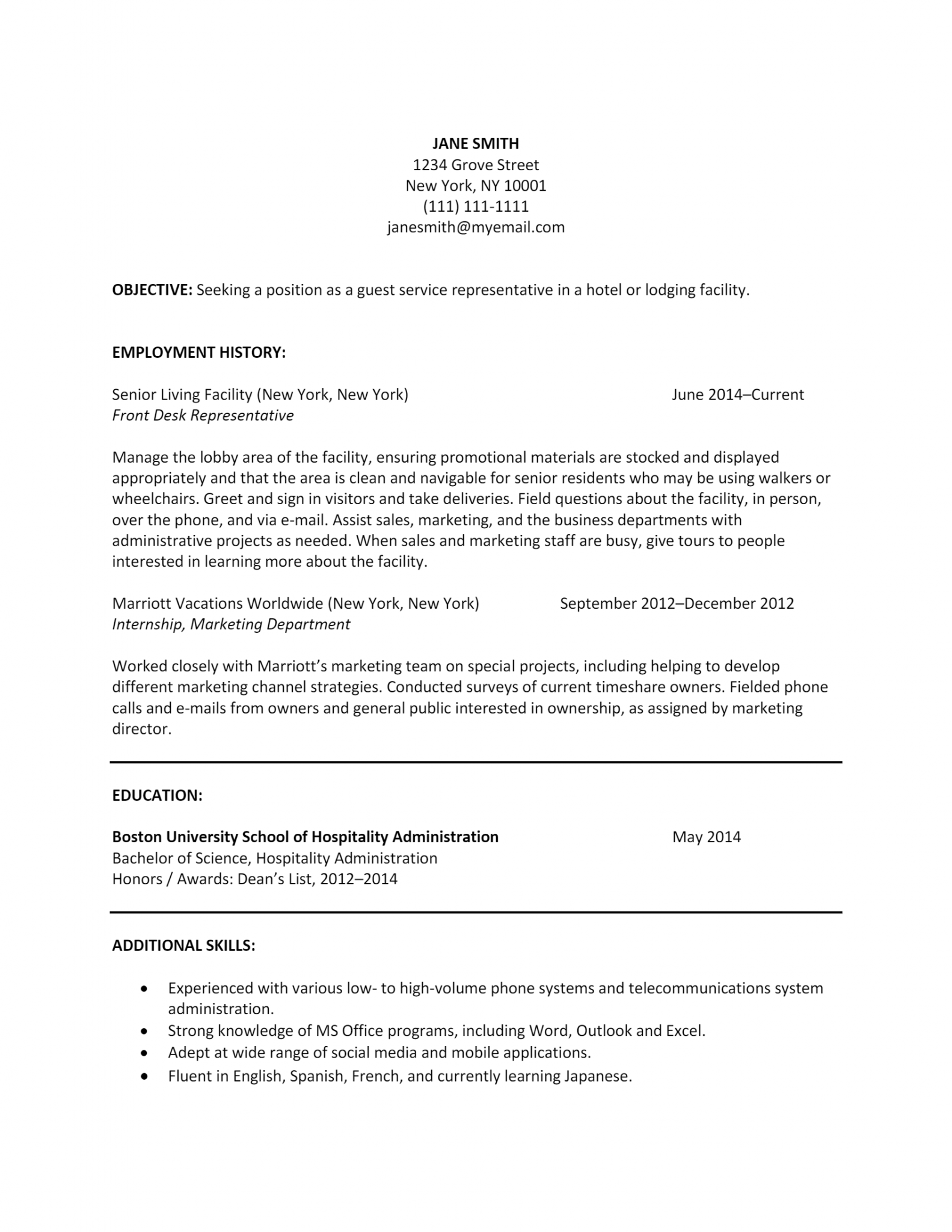Download Free Hospitality Resume Docx Word Template On 