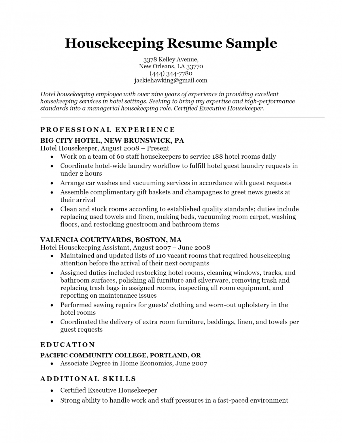 Download Free Housekeeping Resume Docx Word Template On 7078