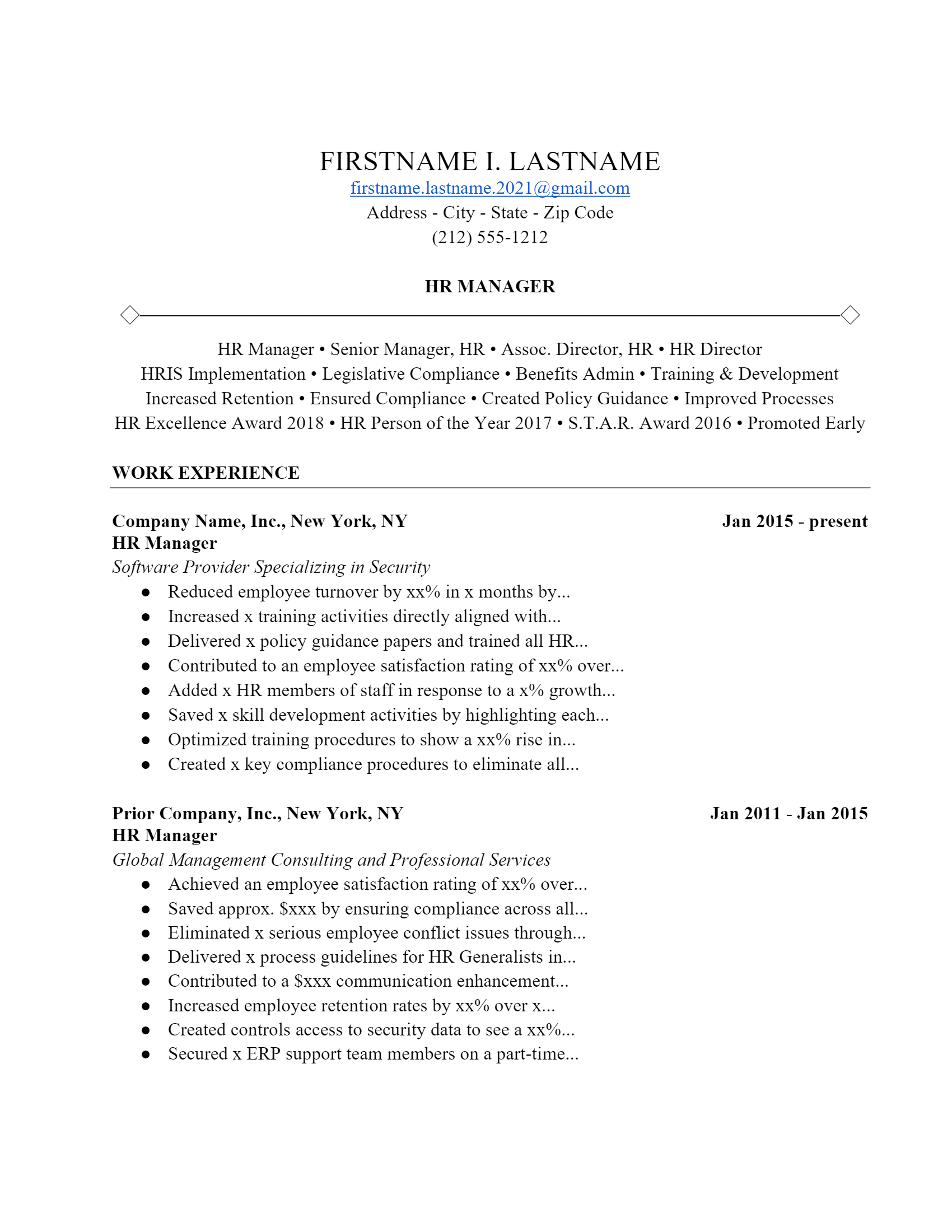 HR Manager Resume .Docx (Word)