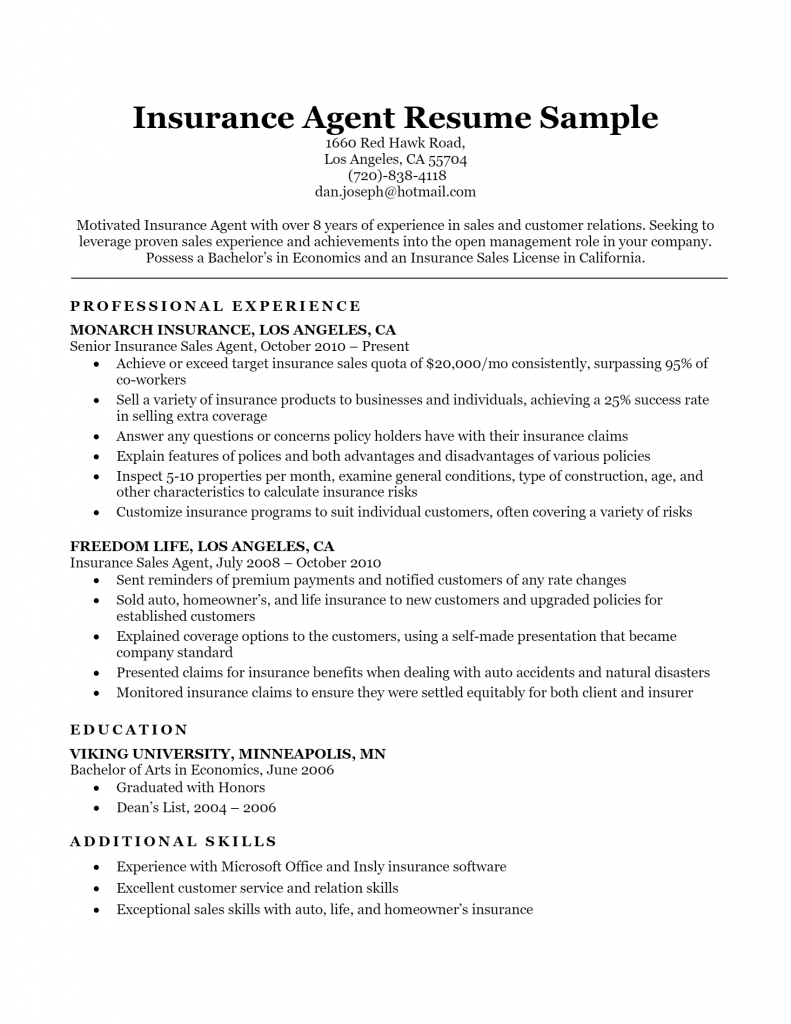 Insurance Agent Resume .Docx (Word)