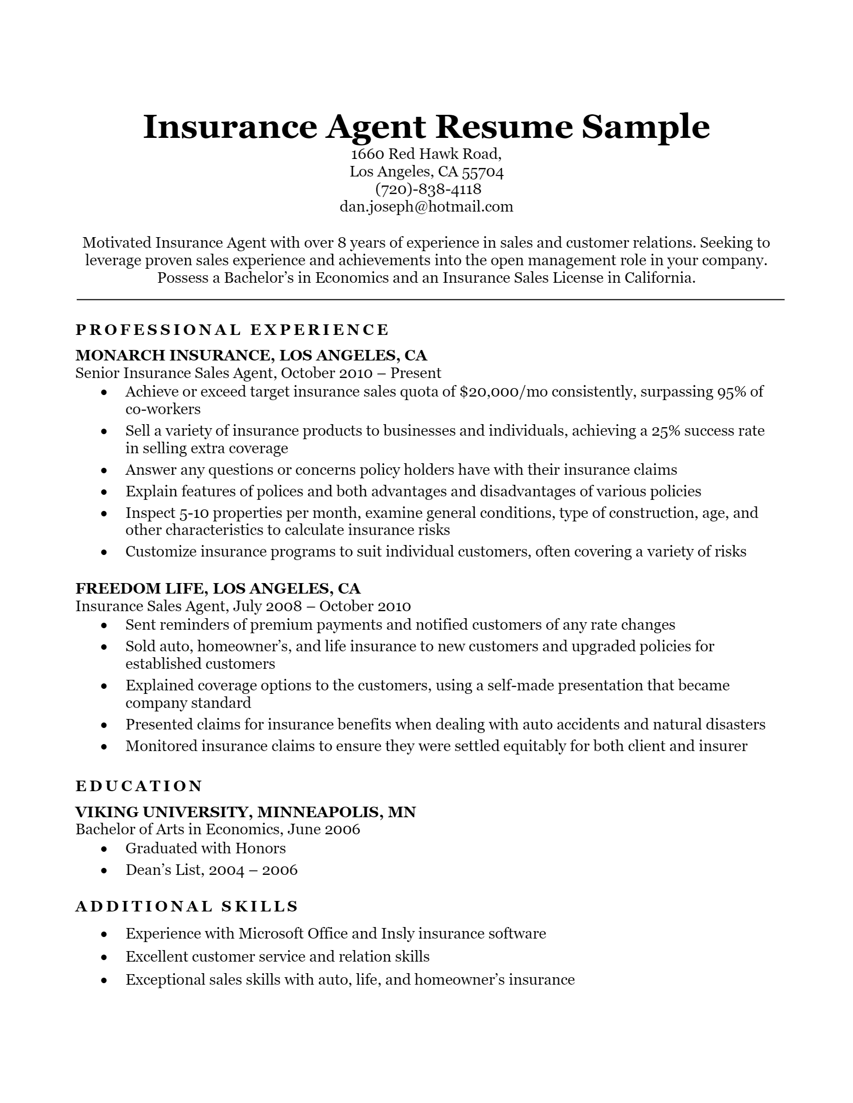 Insurance Agent Resume .Docx (Word)