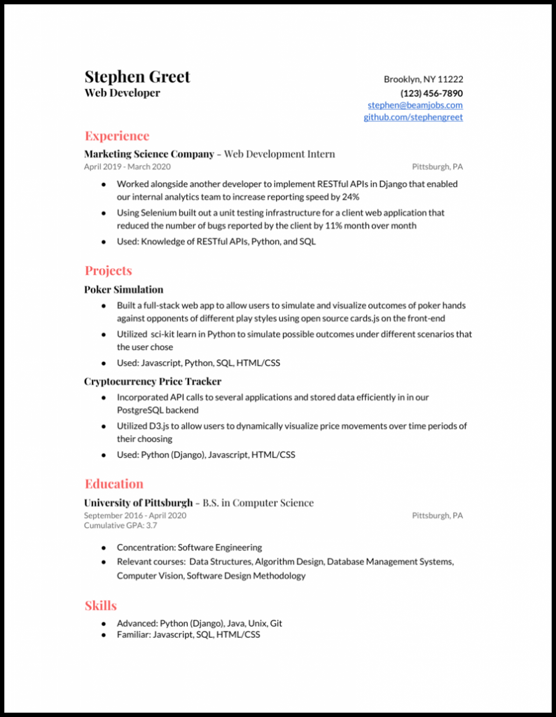 Junior Web Developer Resume Example .Docx (Word)