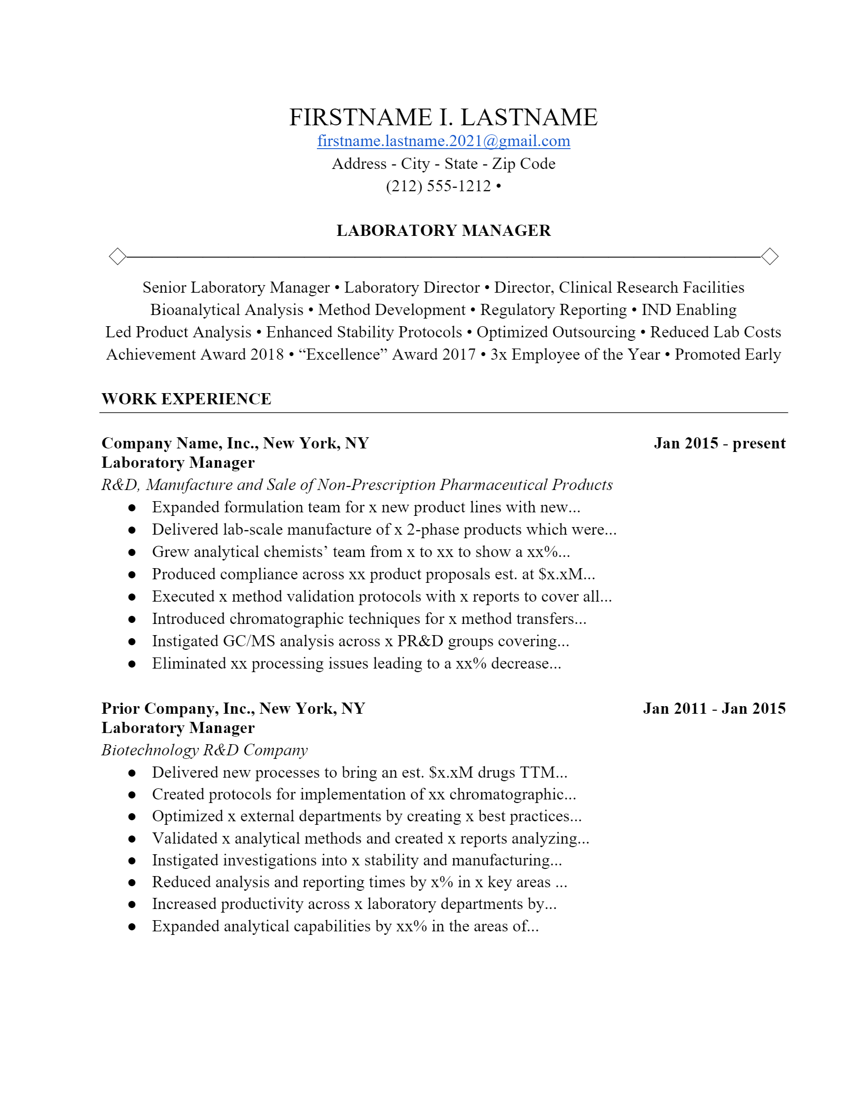 Lab Manager Resume .Docx (Word)