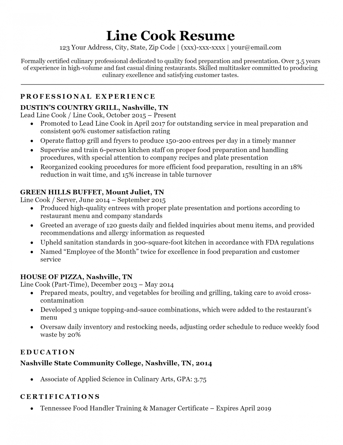 Download Free Line Cook Resume .Docx (Word) Template on