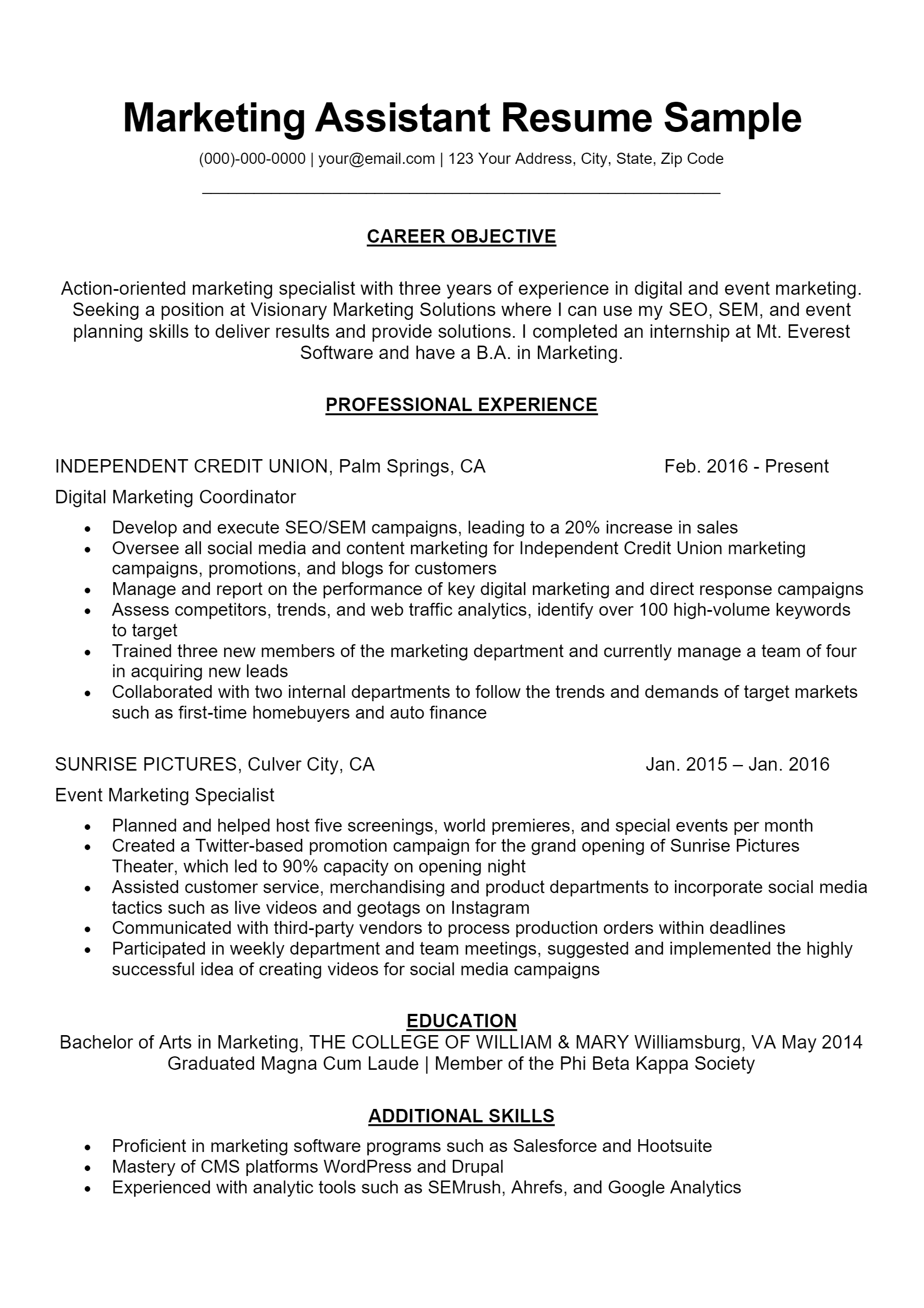 Marketing Assistant Resume .Docx (Word)