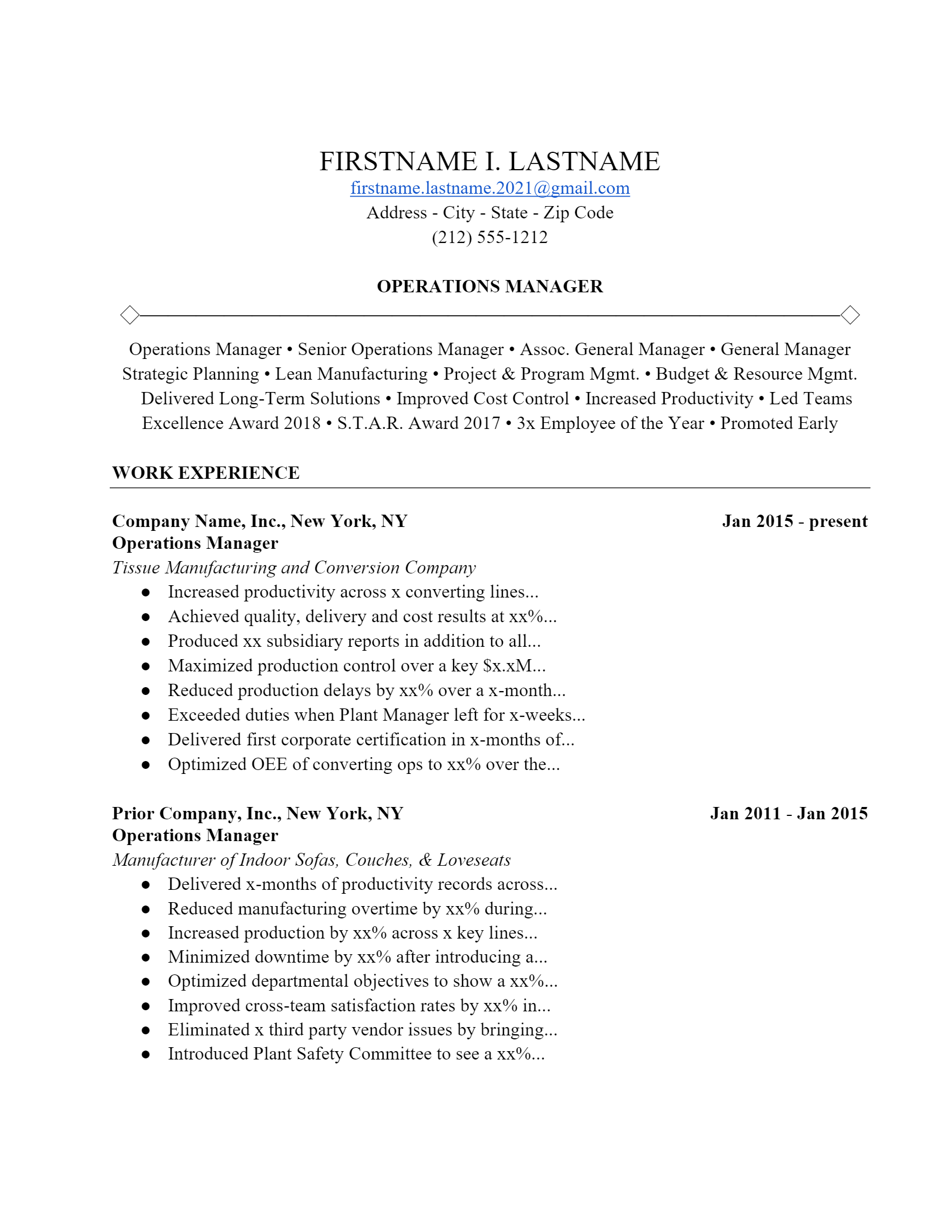 Operations Manager Resume .Docx (Word)