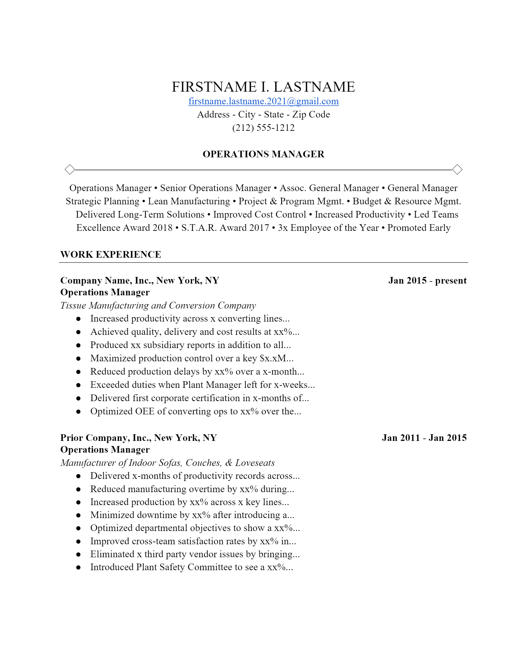 Operations Manager Description For Resume