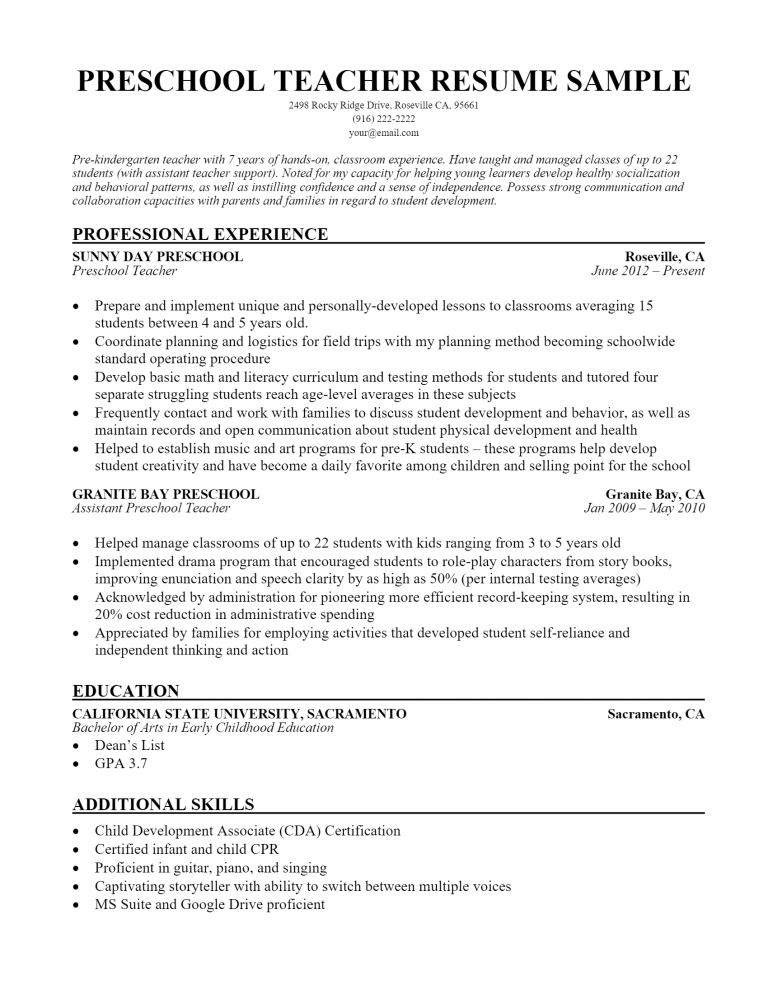 Download Free Preschool Teacher Resume .Docx (Word) Template on ...