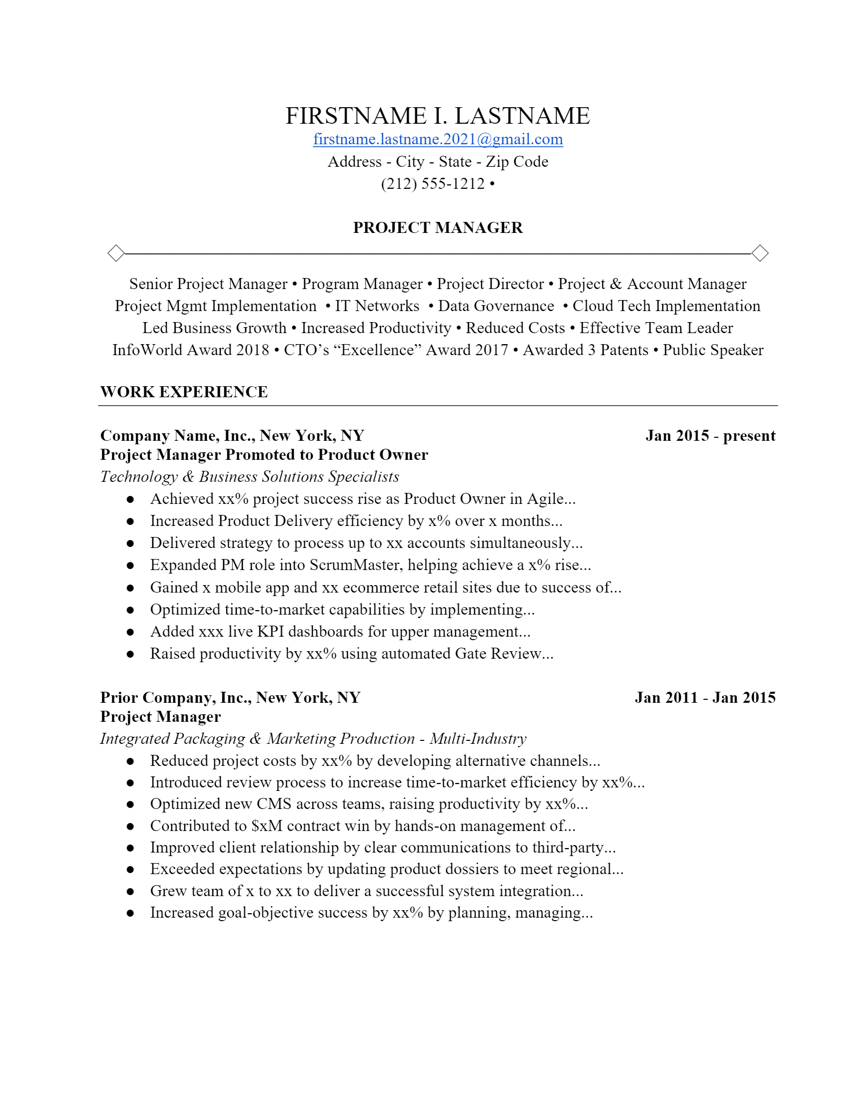 Business Project Manager Resume .Docx (Word)