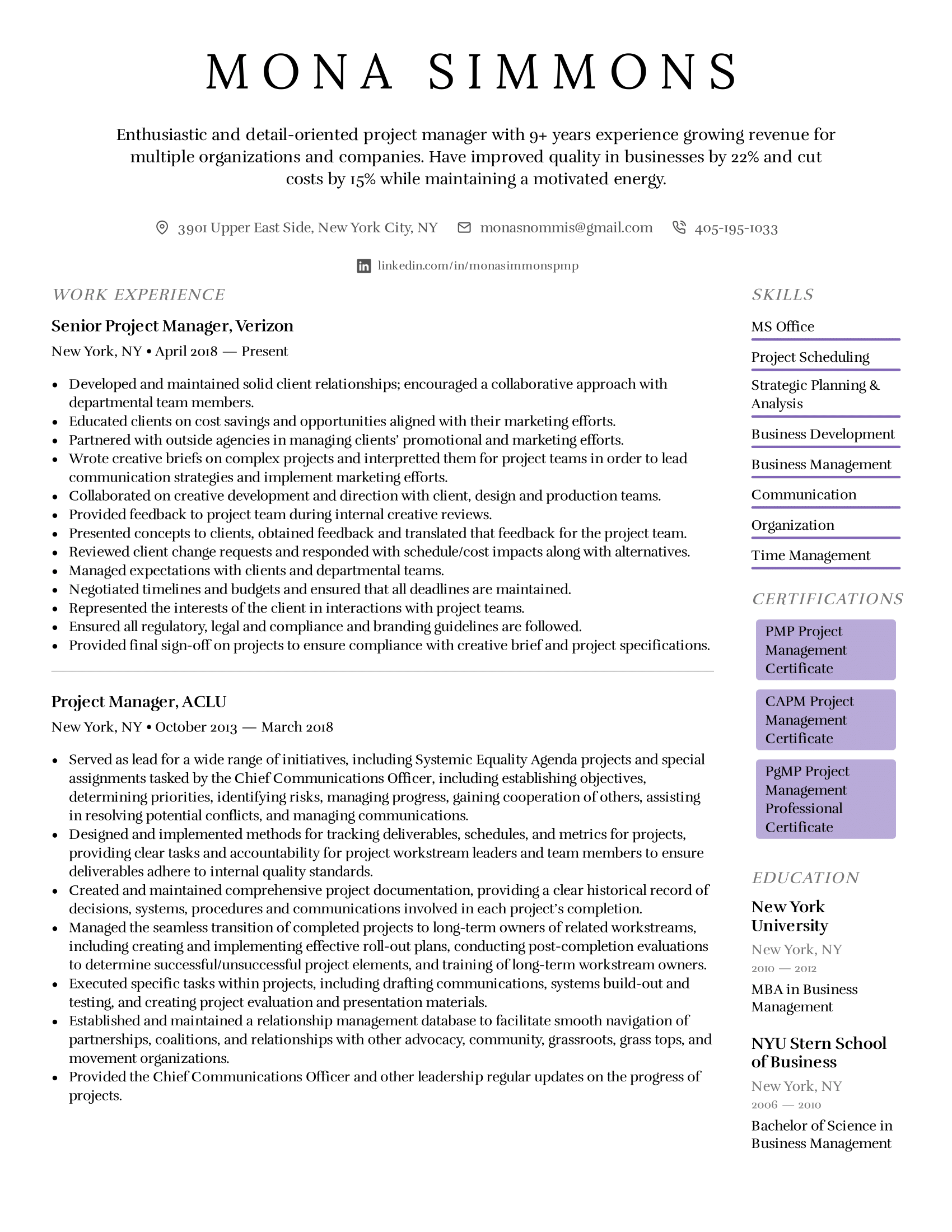 resume for project manager with no experience