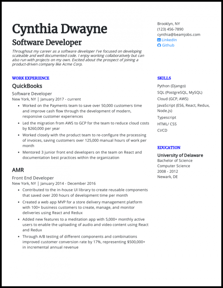resume template free download for software developer