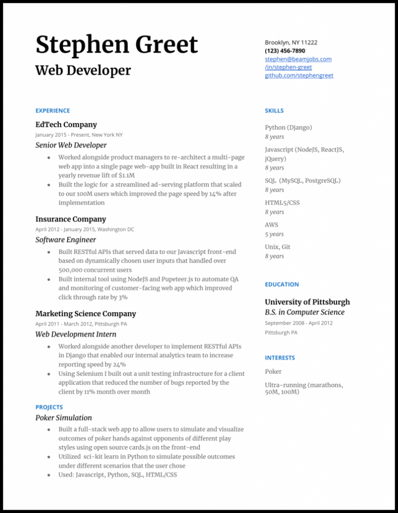 Download Free Web Developer Resume Example .Docx (Word) Template on