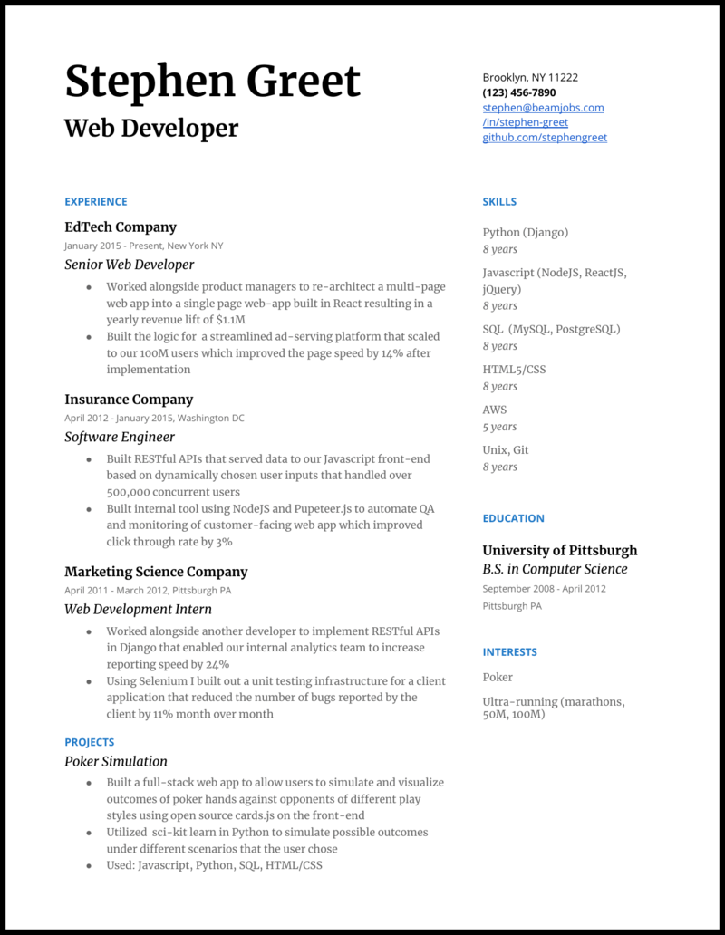 Web Developer Resume Example .Docx (Word)