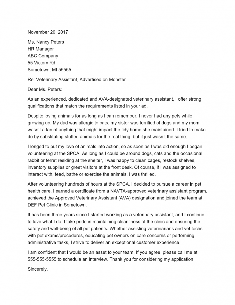 Free Veterinary Assistant Cover Letter Template & Example on