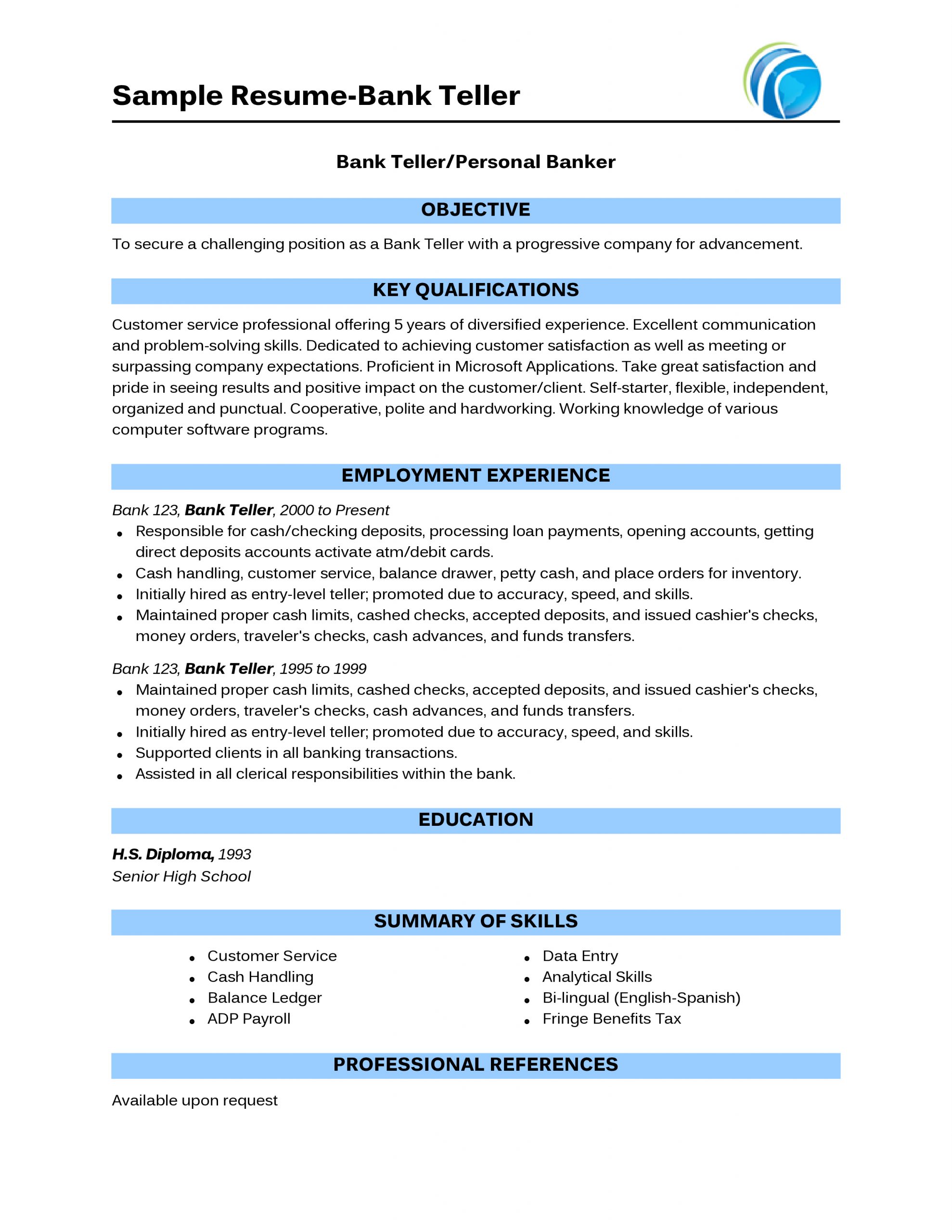Download Free Bank Teller Resume Docx Word Template On 