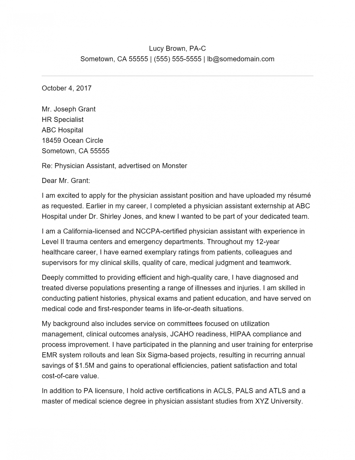 Free Physician Assistant Cover Letter Template & Example on ...