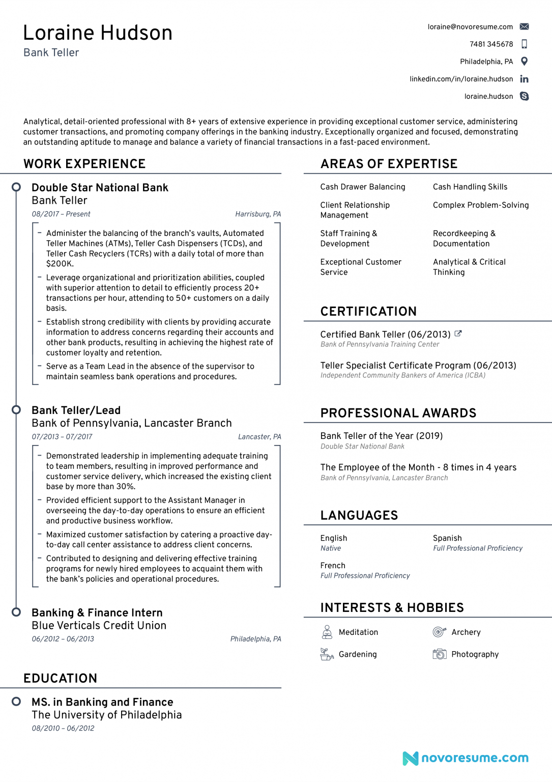 resume format for bank job fresher