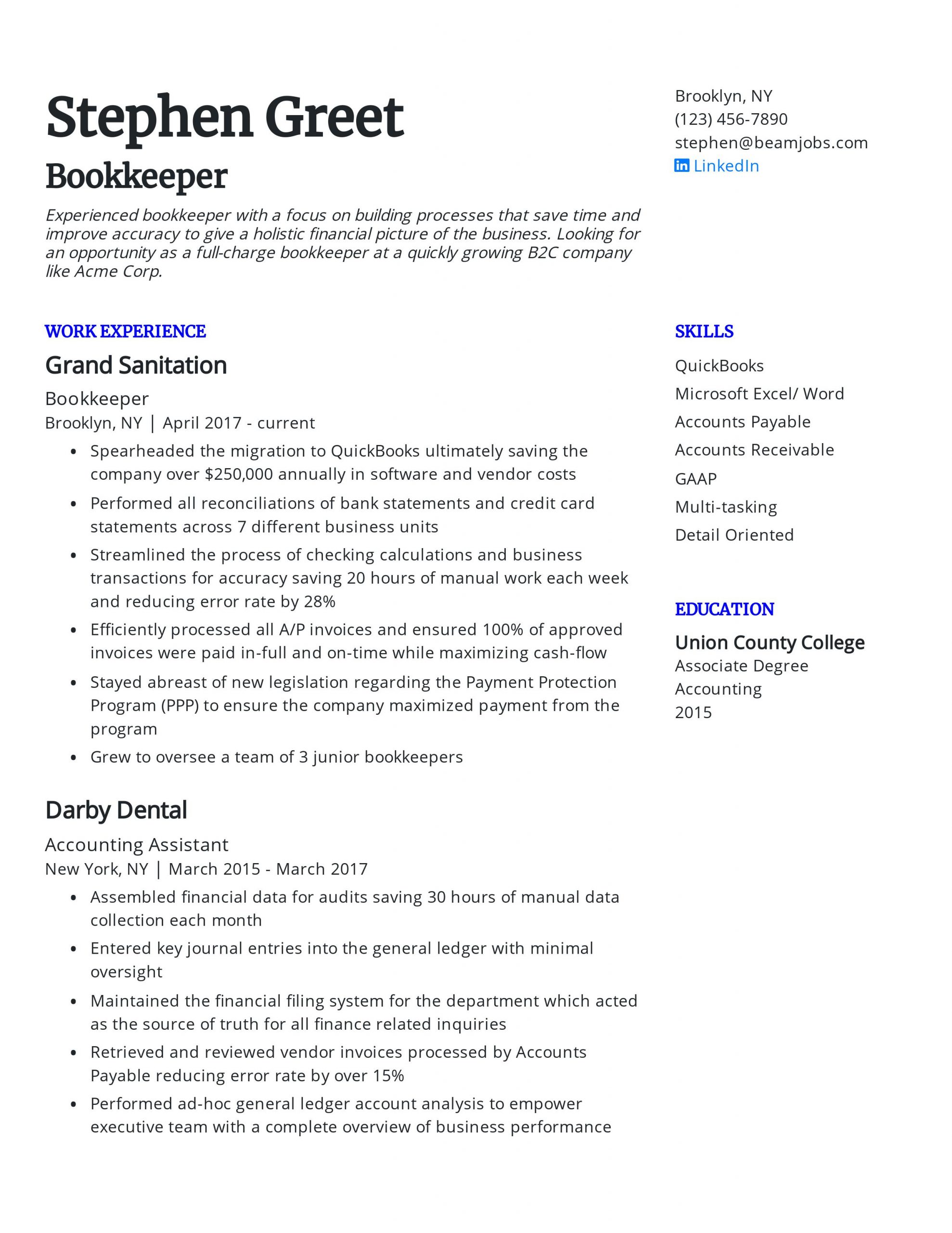 Bookkeeper Resume .Docx (Word)