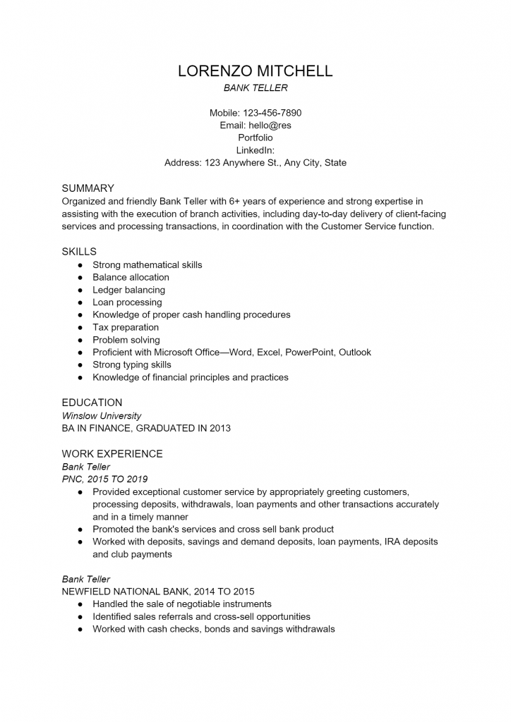 Bank Teller Resume .Docx (Word)