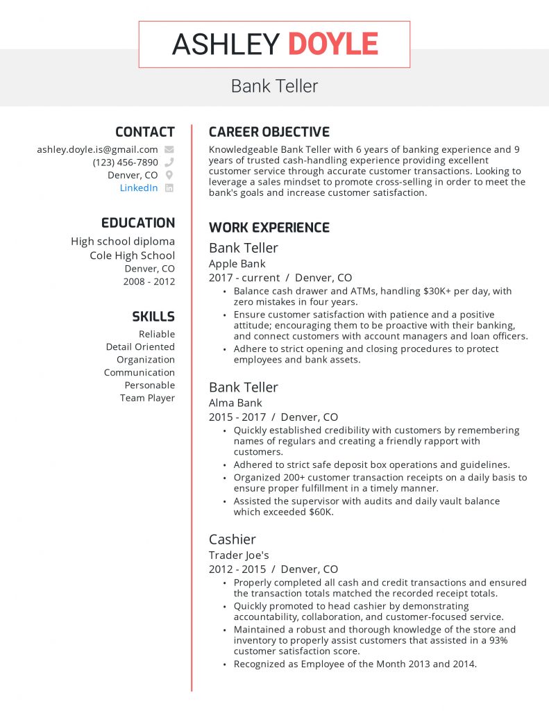 Bank Teller Resume .Docx (Word)