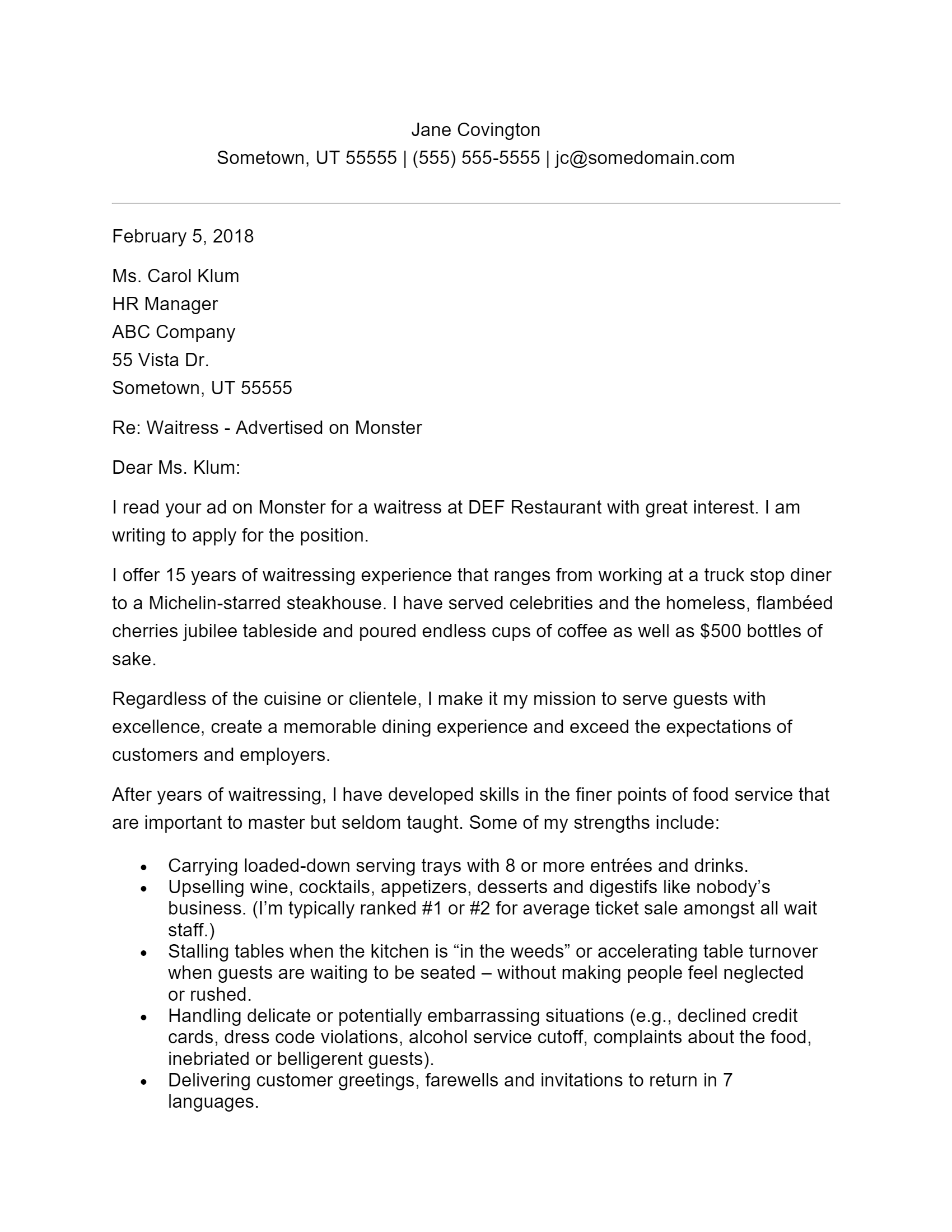 Free Waitress Cover Letter Template Example On ResumeThatWorks