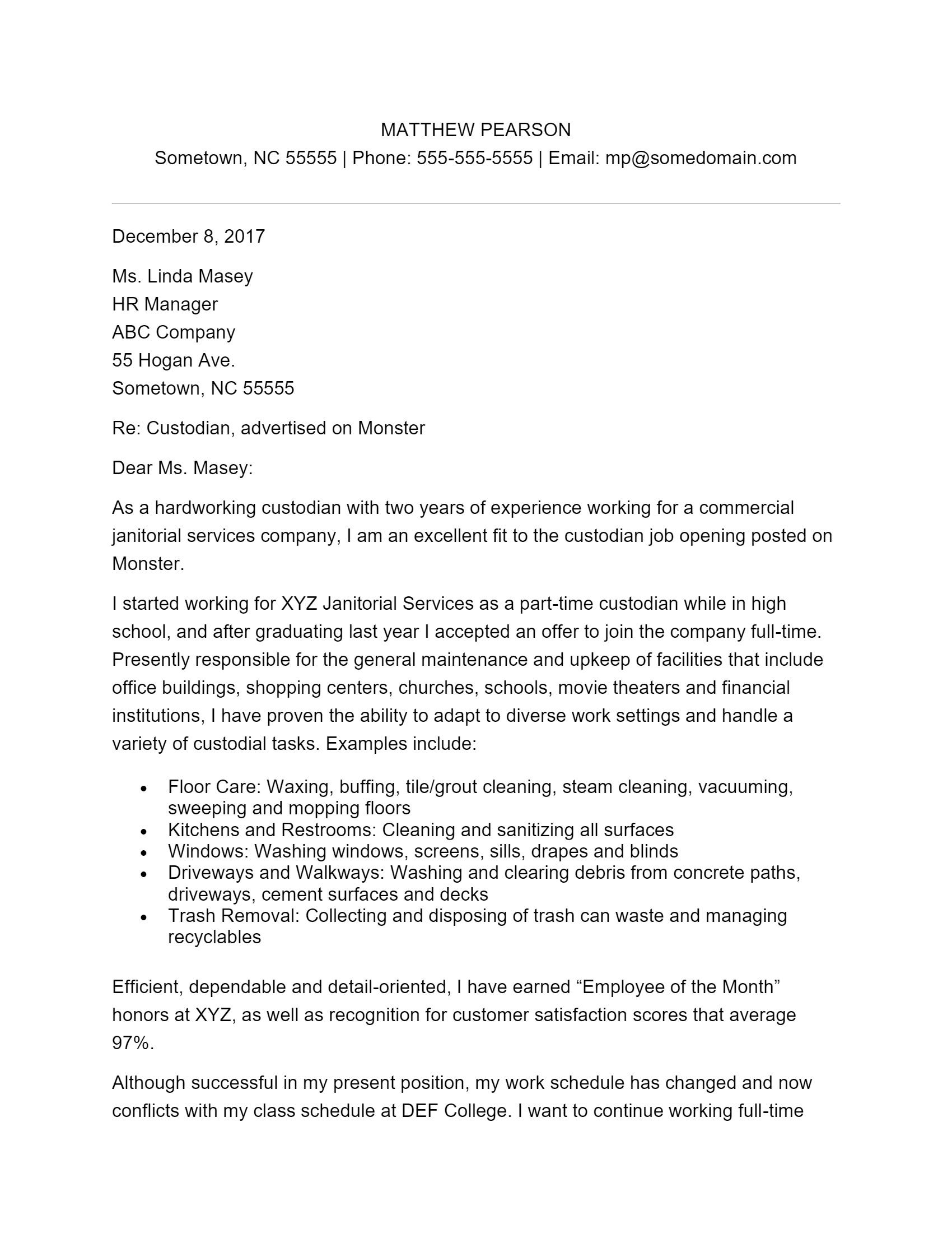 Free Custodian Cover Letter Template Example On ResumeThatWorks Com   Download 14 