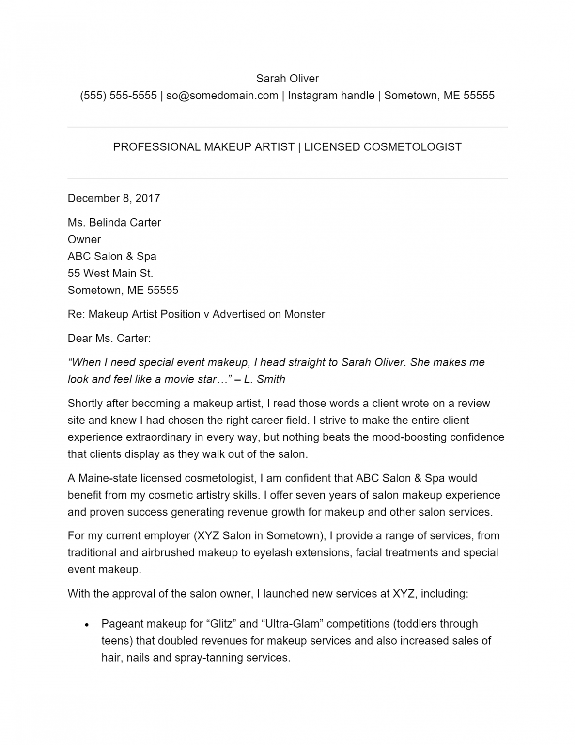 Free Makeup Artist Cover Letter Template & Example on