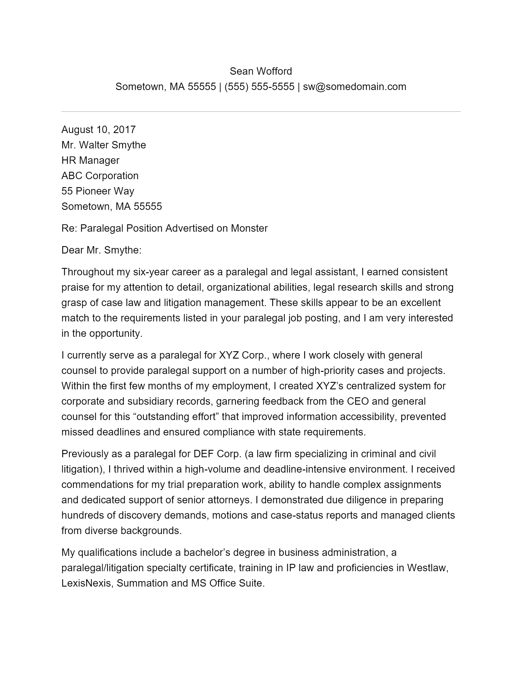 Free Paralegal Cover Letter Template Example On ResumeThatWorks Com   Download 2 2 