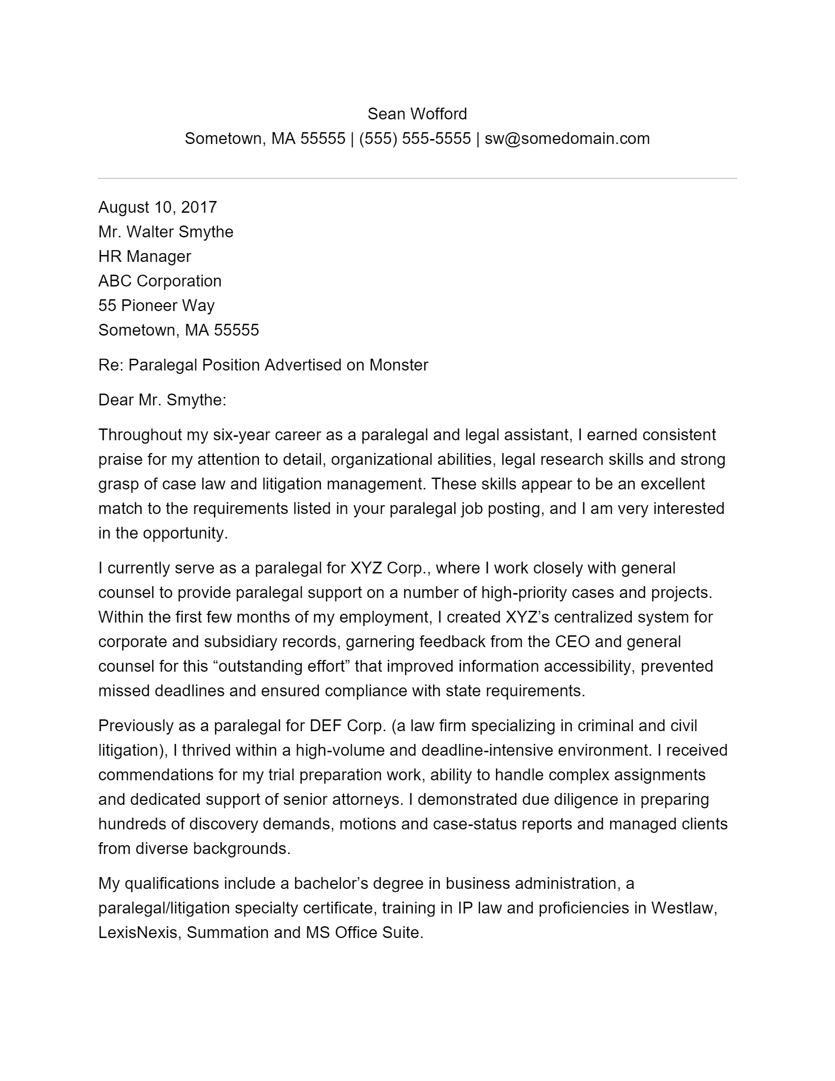 Free Paralegal Cover Letter Template Example On ResumeThatWorks