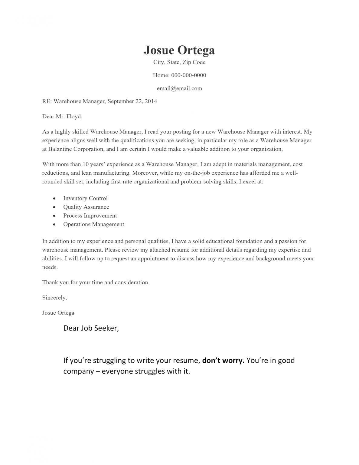 cover letter for warehouse operative without experience