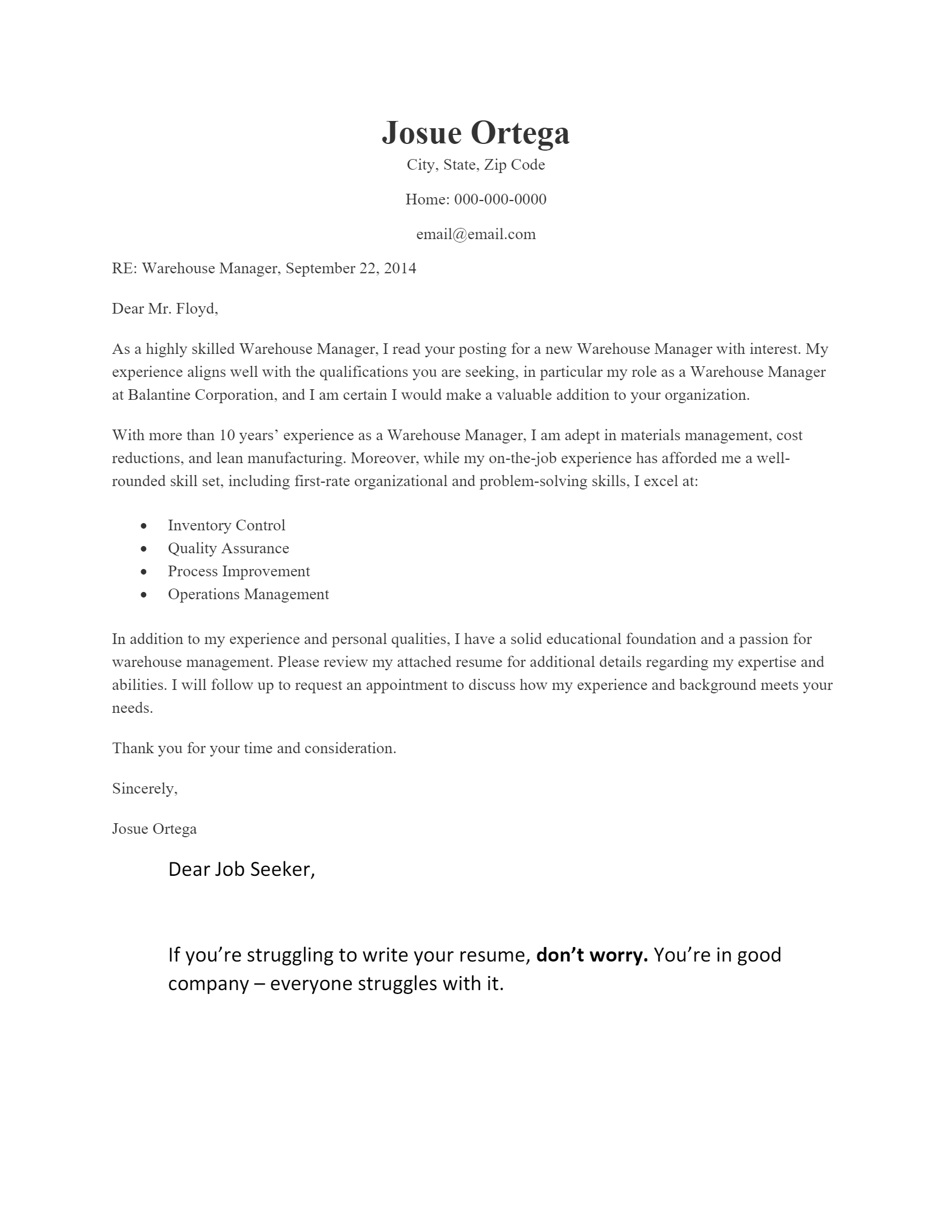 cover letter for warehouse job with experience
