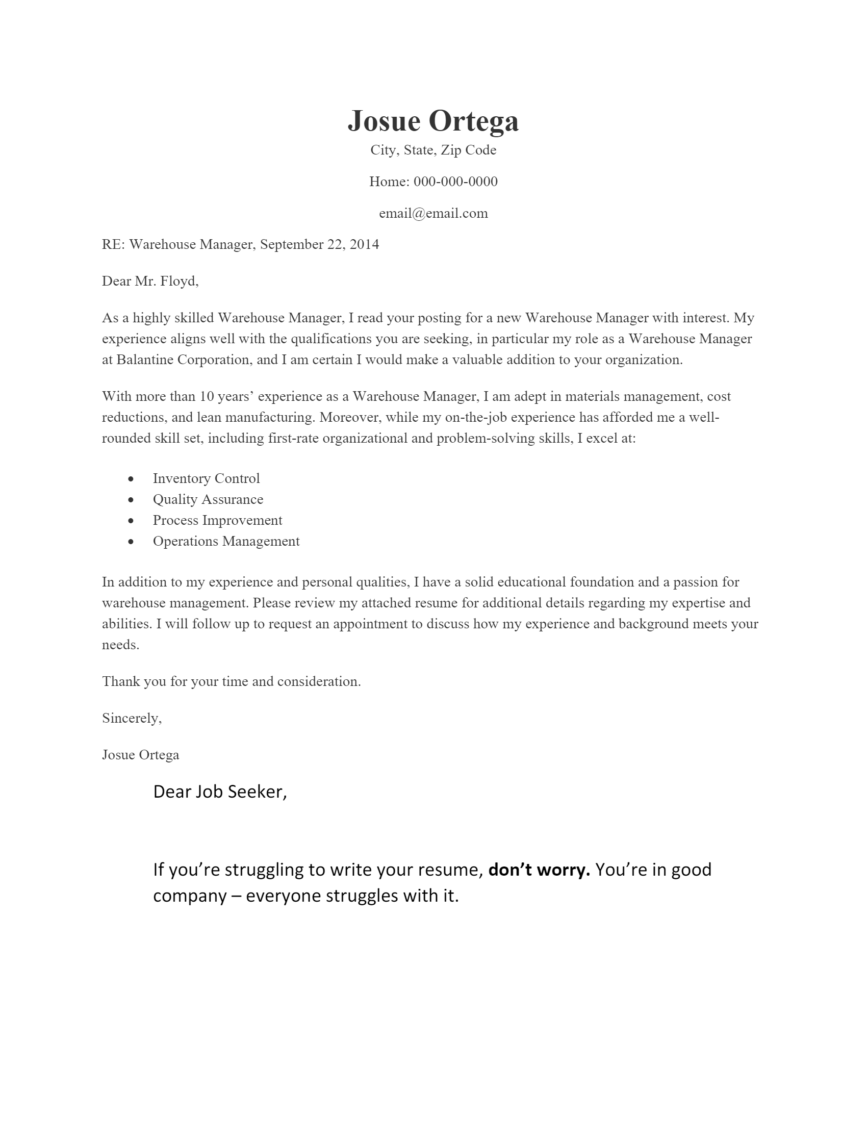 Free Warehouse Manager Cover Letter Template Example On 