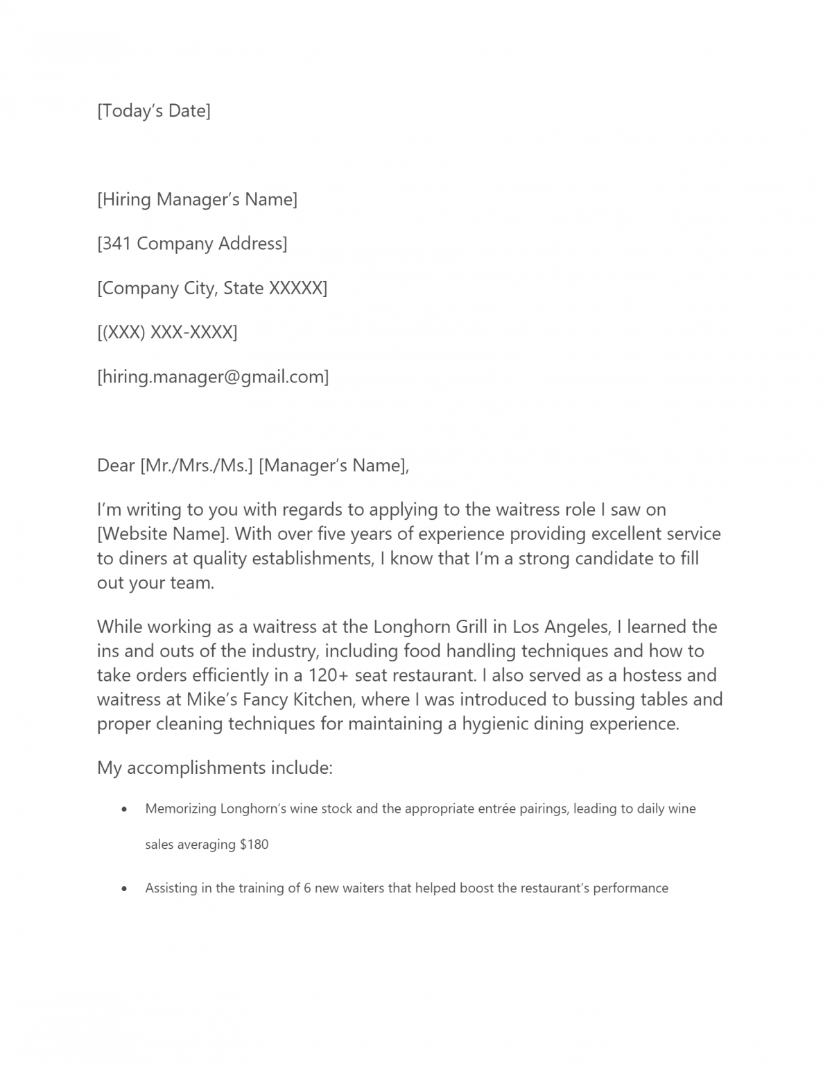 Free Waitress Cover Letter Template & Example on ResumeThatWorks.com