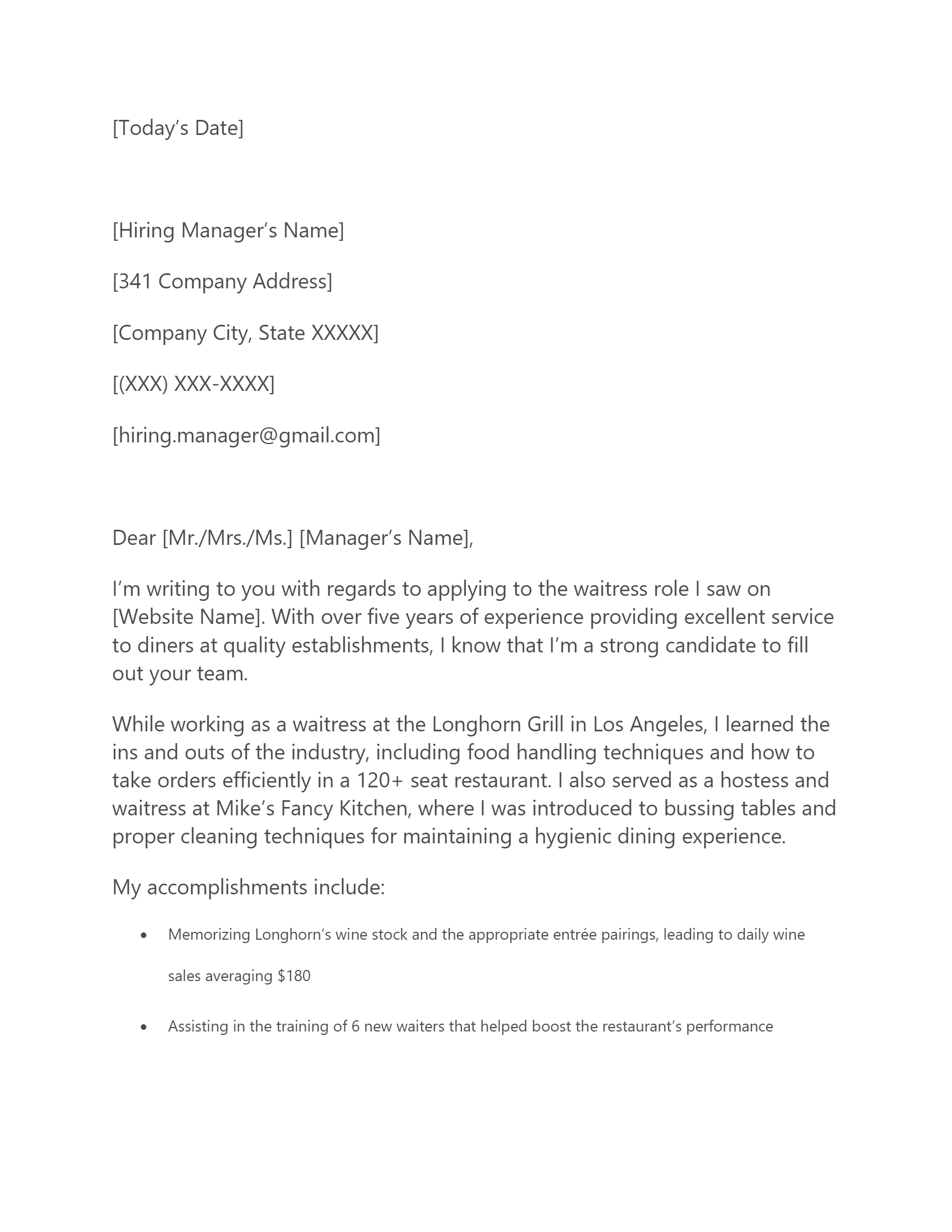 waitress cover letter example