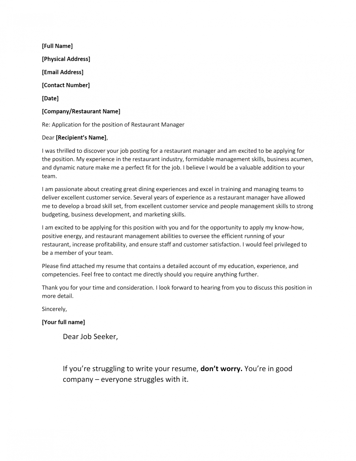 cover letter template for restaurant general manager